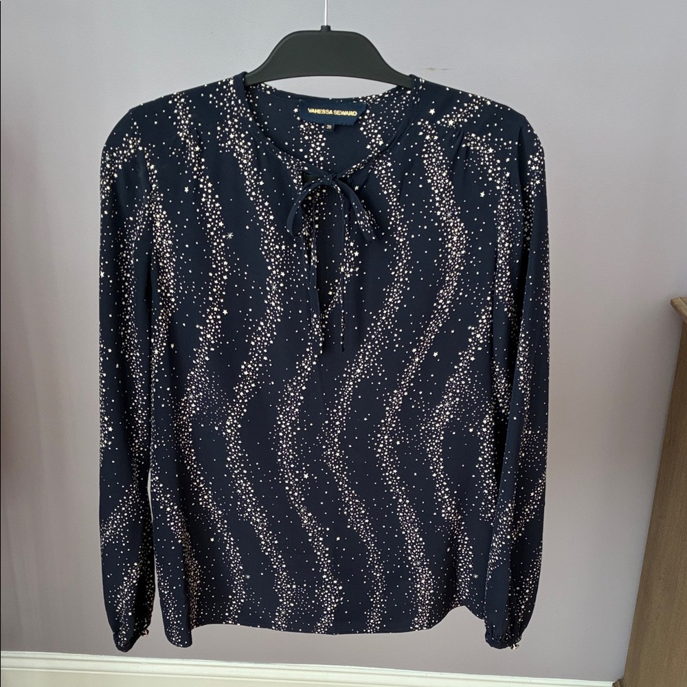 Vanessa Seward Navy and White Star Dotted Silk Blouse